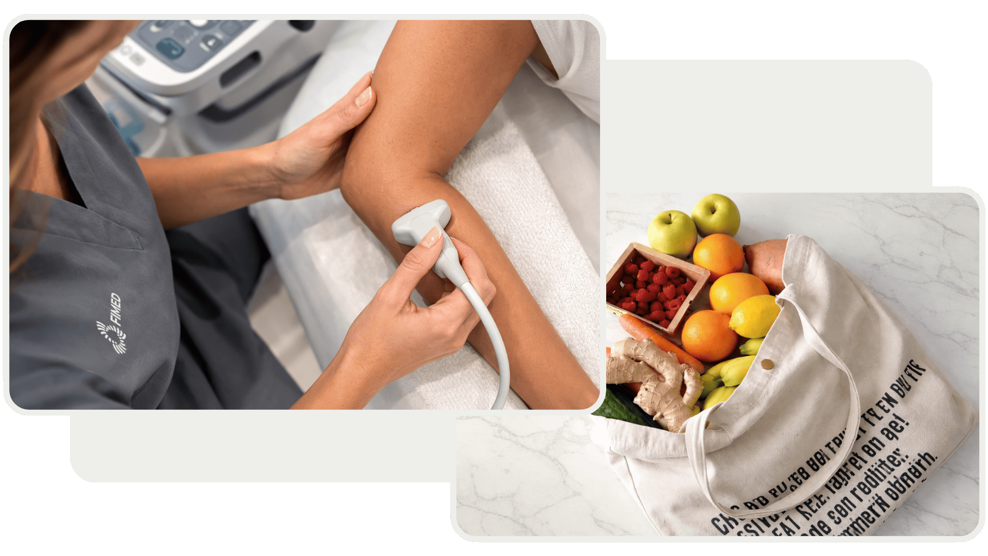 Tratamiento de fisioterapia con ecografía y alimentación saludable en Clínica FIMED